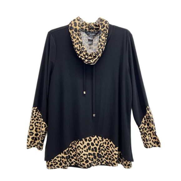 Ali Miles Tops - Ali Miles Tunic Women L Black & Leopard Print Long Sleeve Cowl Neck Stretch